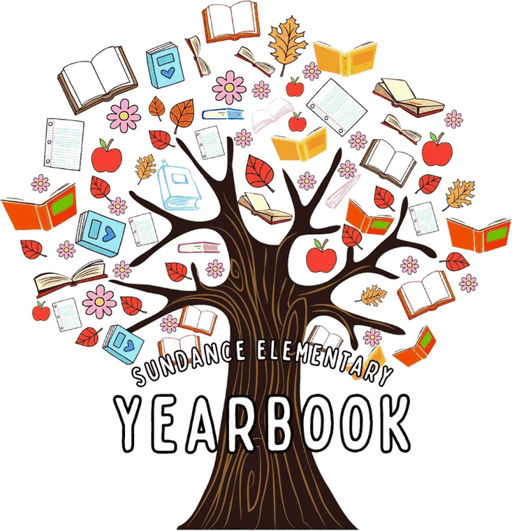 The Sundance Elementary yearbook tree — a tree whose leaves are open books, apples, flowers and sheets of notebook paper.